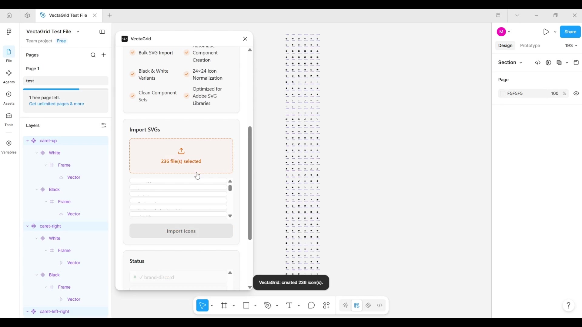 Selecting SVG files in VectaGrid, clicking Import Icons, and the resulting component grid appearing on the canvas